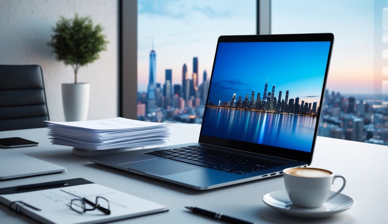 A sleek laptop with a stack of papers and a cup of coffee, surrounded by a modern office setting with a view of a city skyline