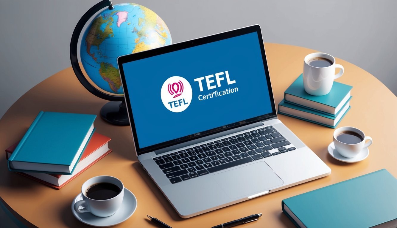 A laptop with a TEFL certification logo displayed on the screen, surrounded by a globe, books, and a cup of coffee