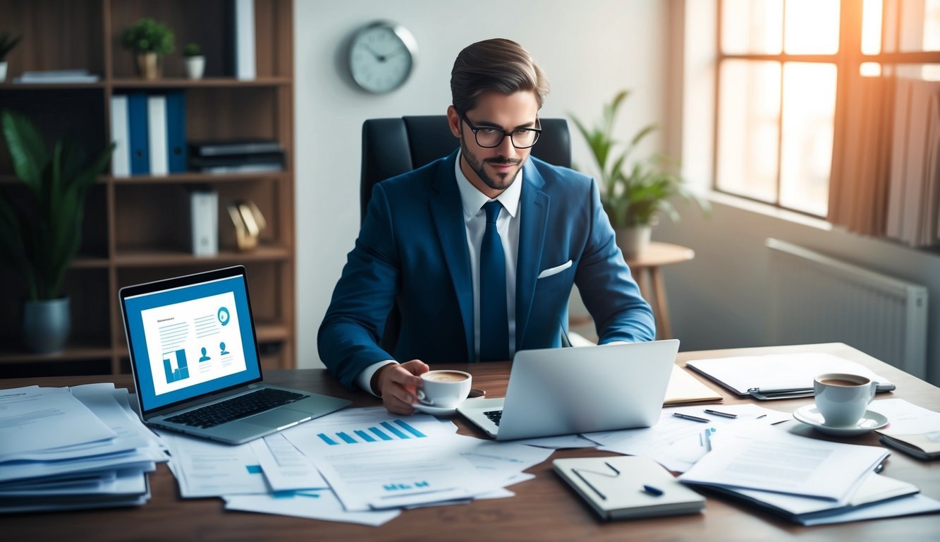 A busy executive sitting at a desk surrounded by papers and a laptop, with a cup of coffee, while using an online writing service