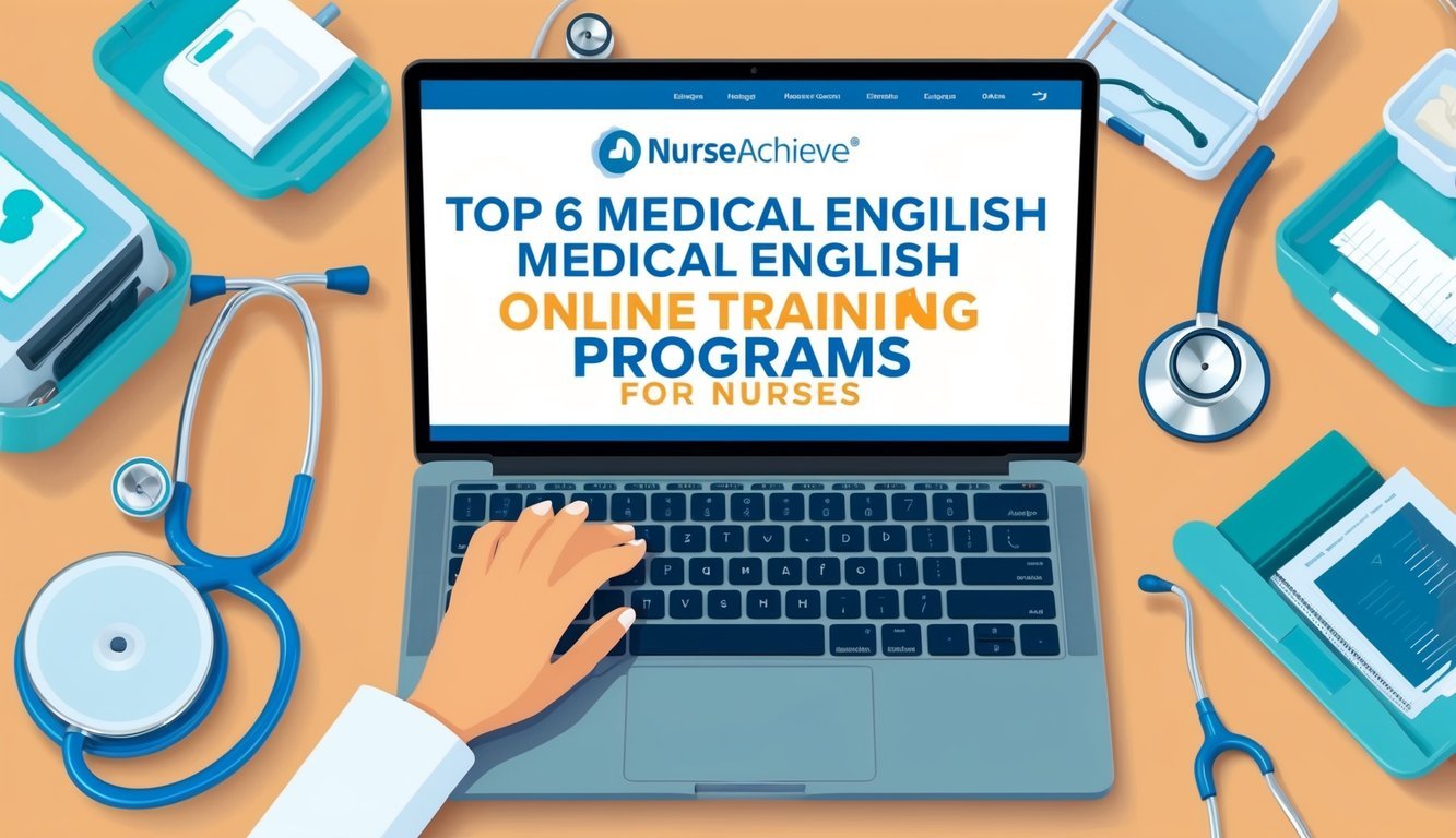 A laptop displaying NurseAchieve's top 6 medical English online training programs for nurses, surrounded by medical equipment and a stethoscope