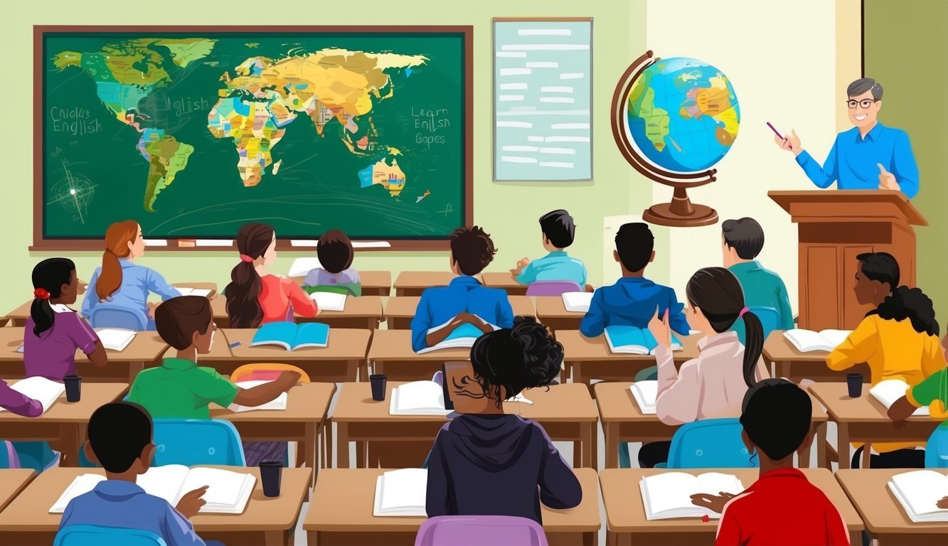 A classroom setting with a globe, chalkboard, and students of various ages and backgrounds learning English