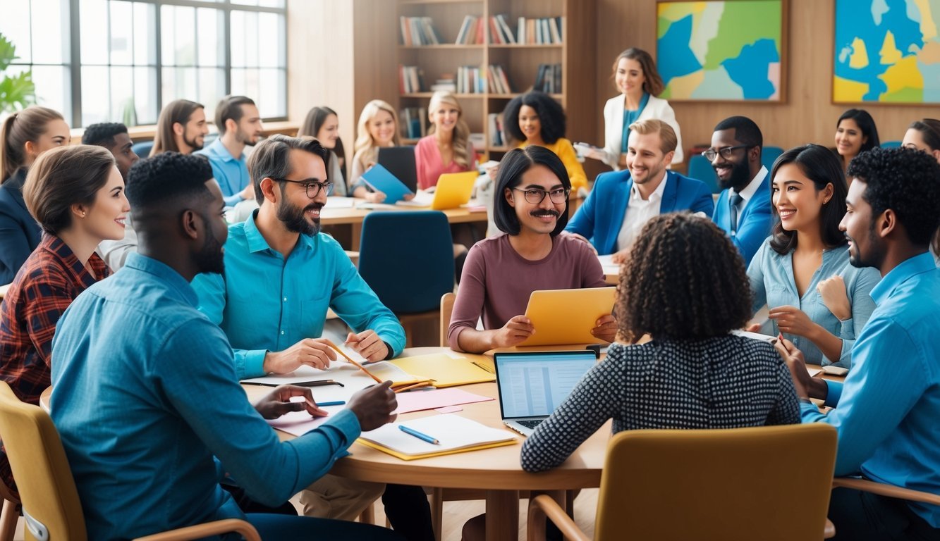 A diverse group of people attending English language training programs, engaged in conversation and learning activities