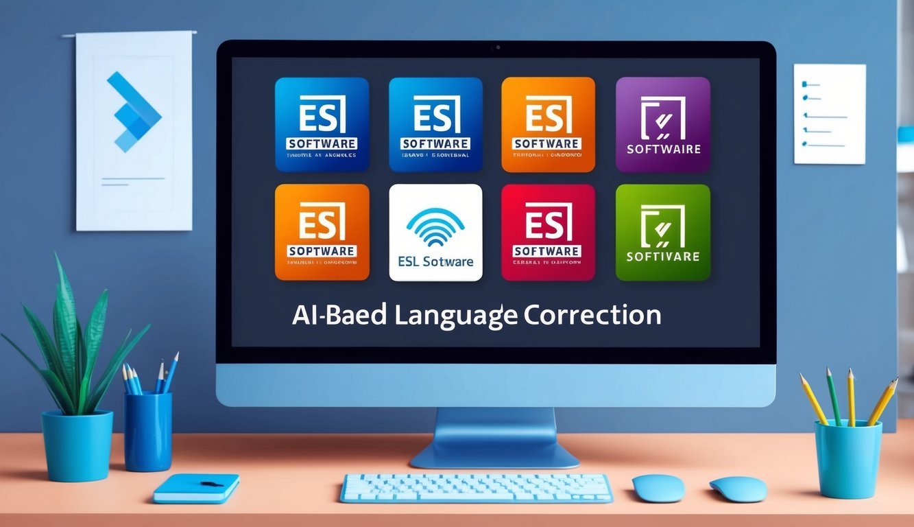 A computer screen displaying 6 ESL software logos with AI-based language correction