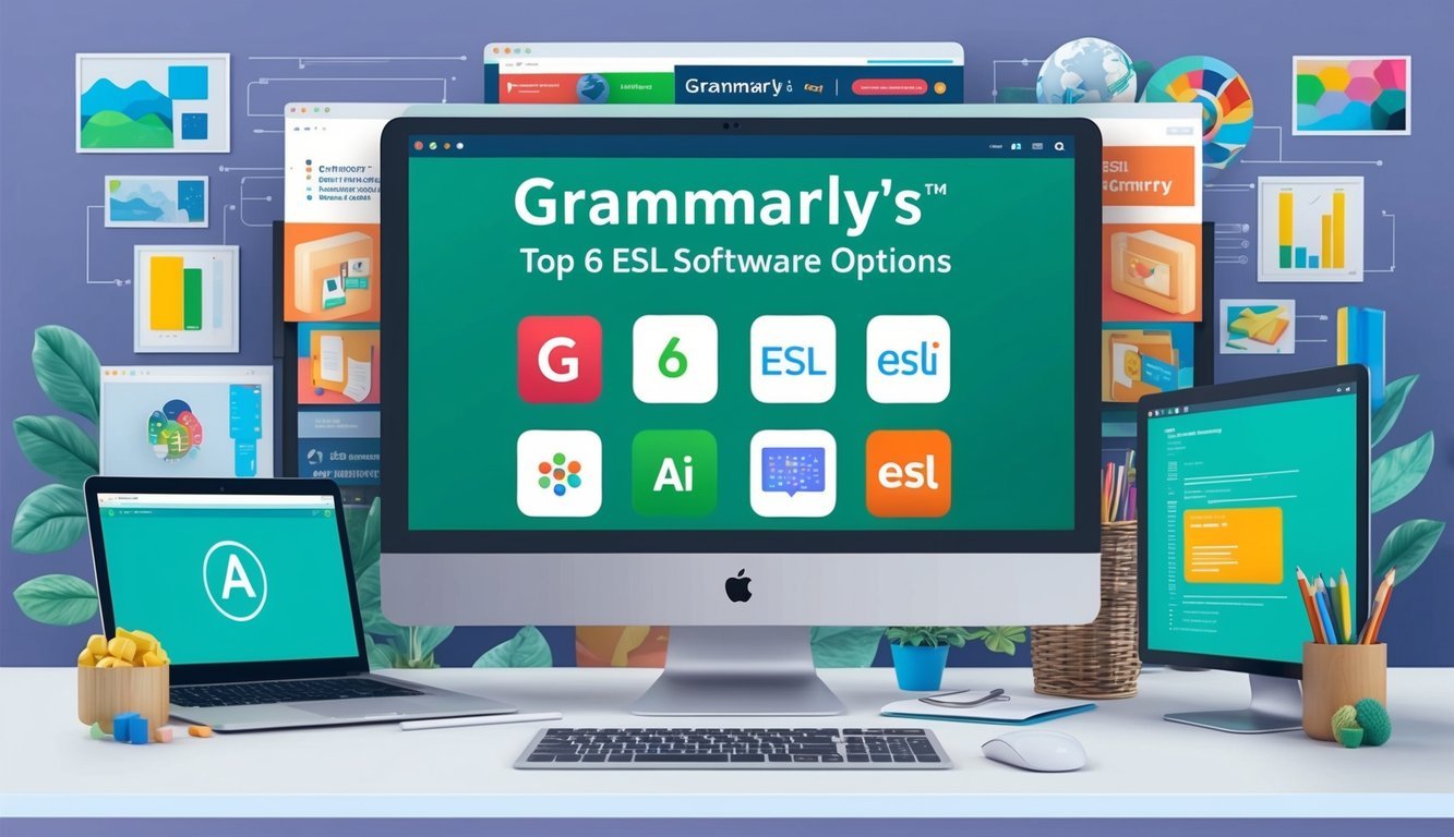 A computer screen with Grammarly's top 6 ESL software options displayed, surrounded by AI-related imagery