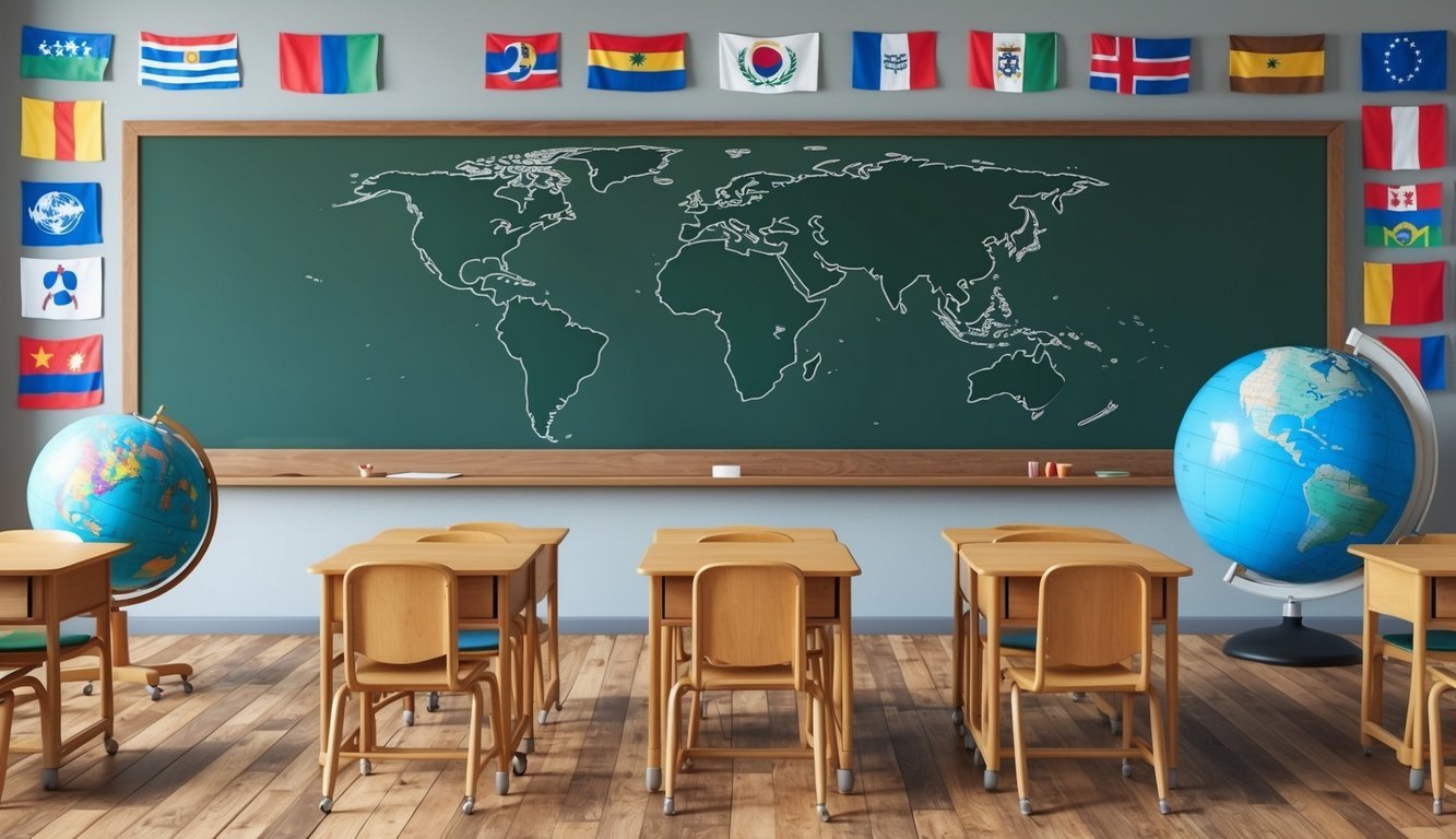 A classroom setting with a chalkboard, desks, and a globe, surrounded by diverse cultural symbols and flags