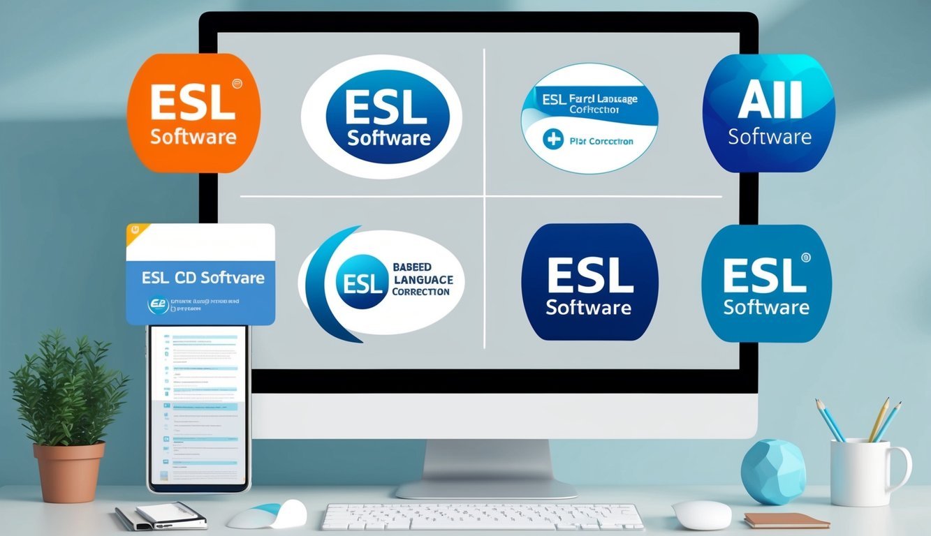 A computer screen displaying six ESL software logos with AI-based language correction