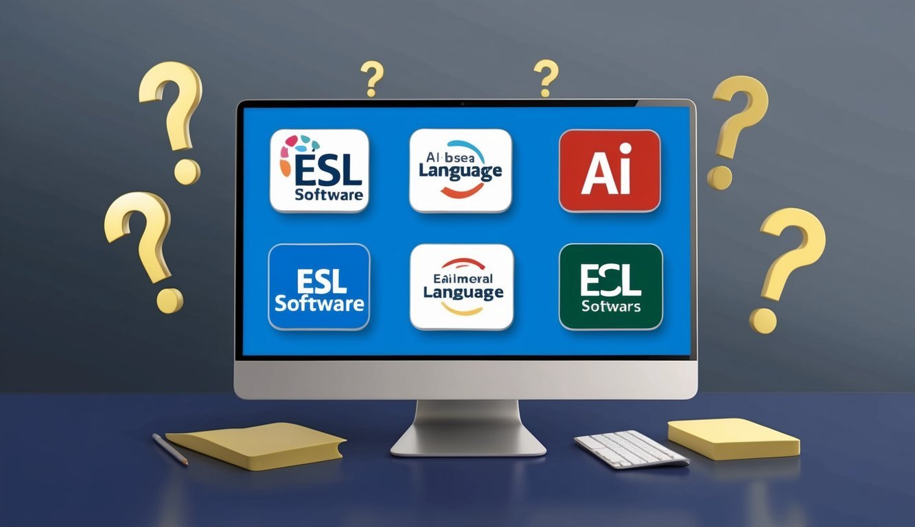 A computer screen displaying six ESL software logos with AI-based language correction, surrounded by question marks