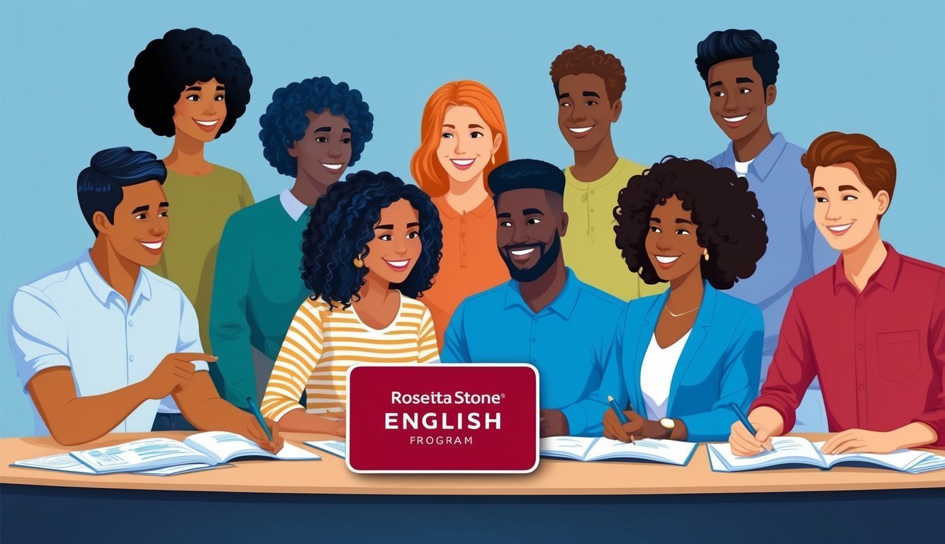 A group of diverse individuals learning English through interactive lessons, with the Rosetta Stone English Program logo displayed prominently