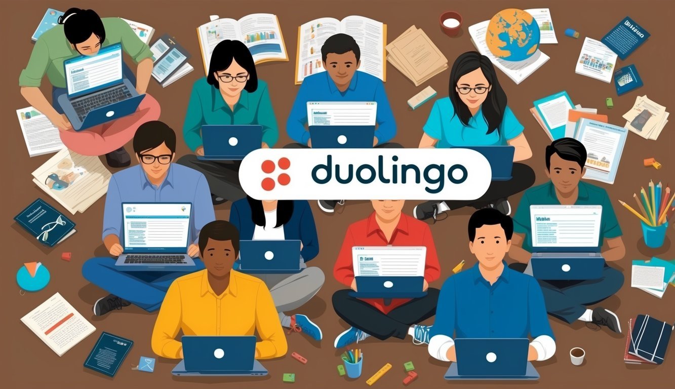 A diverse group of immigrants studying English on laptops, surrounded by language learning materials and Duolingo's logo prominently displayed