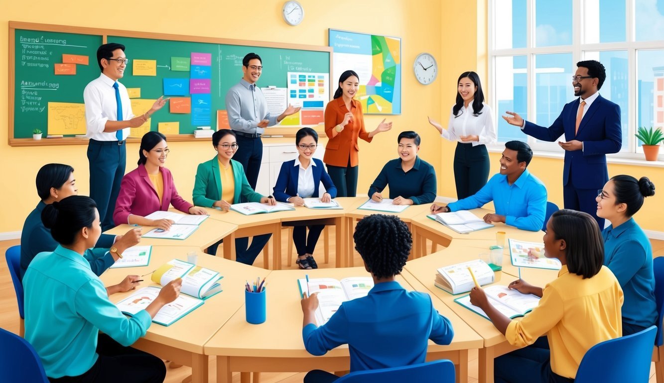 A diverse group of immigrants engaged in interactive language training exercises led by instructors in a bright and welcoming classroom setting