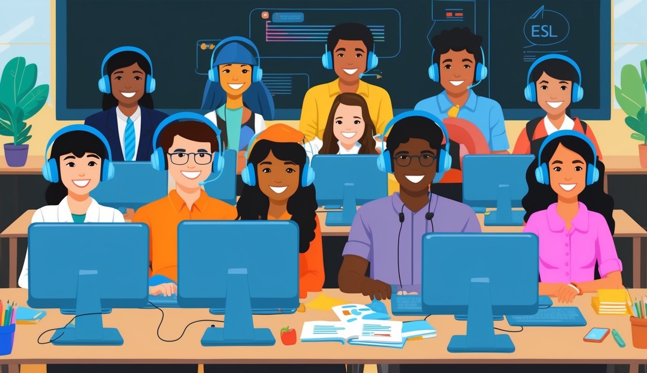 A diverse group of immigrants engage in ESL courses online, using computers and headphones in a virtual classroom setting