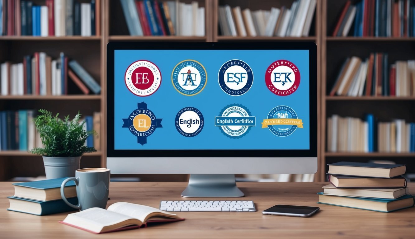 A computer screen displays 7 logos of accredited English certification sites, surrounded by books and a mug of coffee