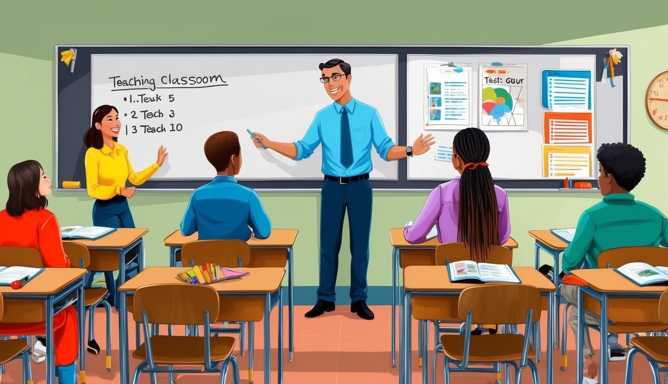 A classroom setting with a whiteboard, desks, and teaching materials.</p><p>A teacher is leading a lesson with a group of students