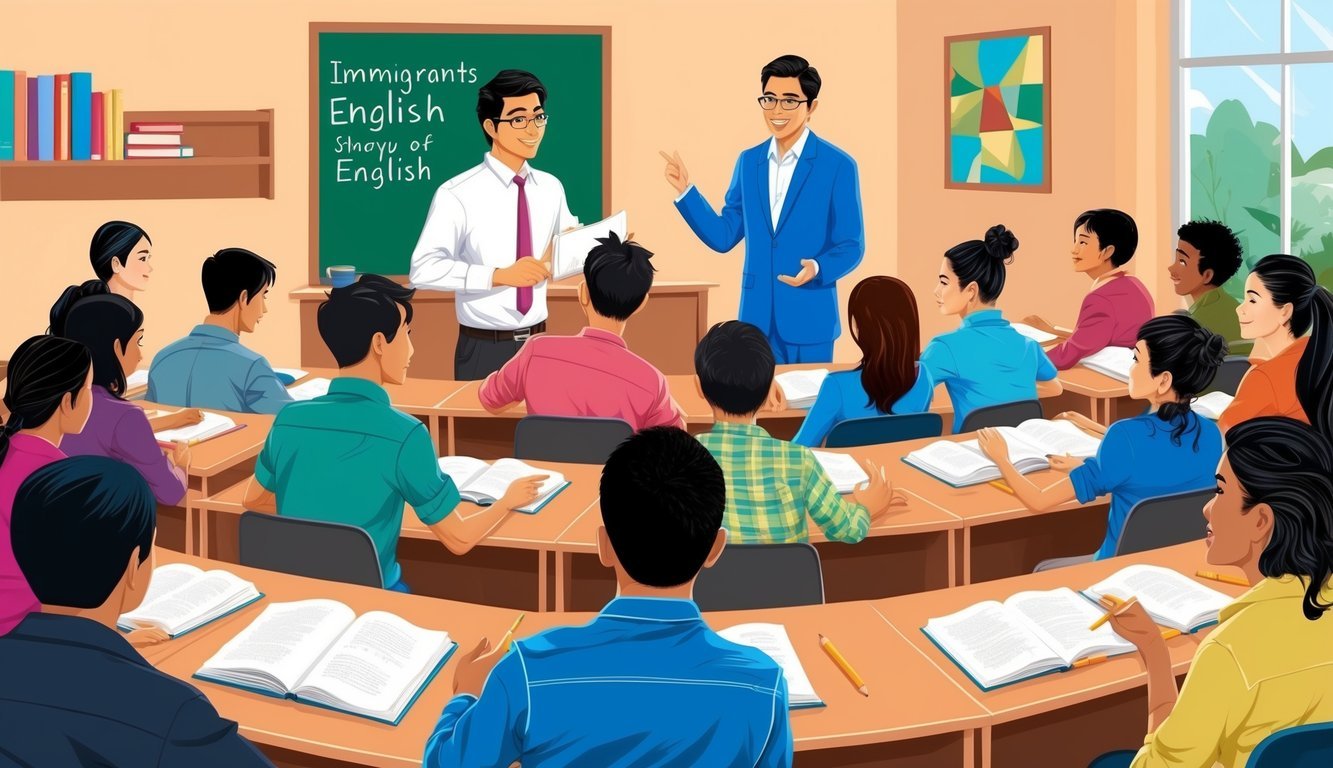 A diverse group of immigrants studying English in a classroom setting, with a teacher leading the lesson