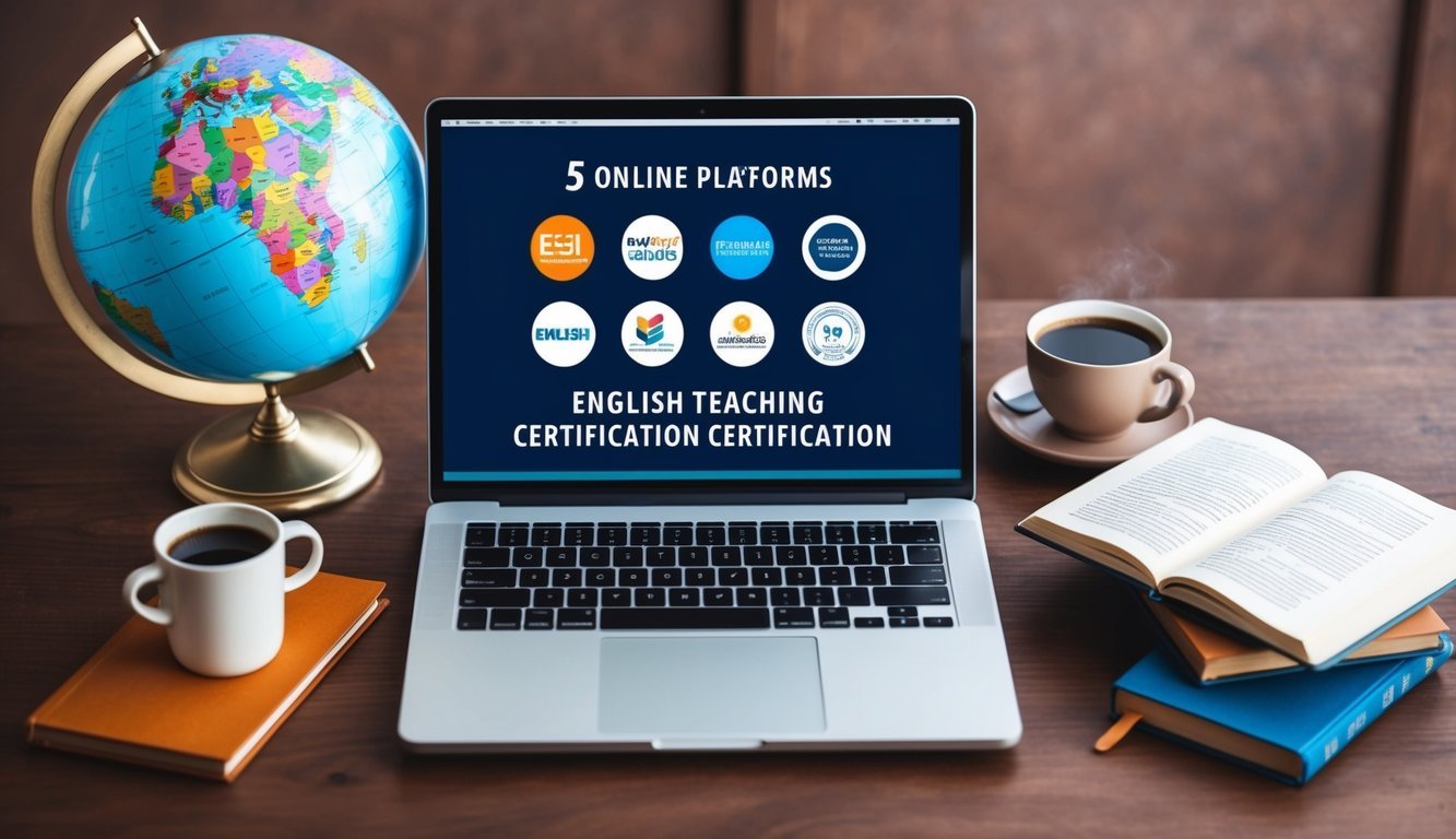 A laptop displaying logos of 5 online platforms for English teaching certification, surrounded by a globe, books, and a cup of coffee