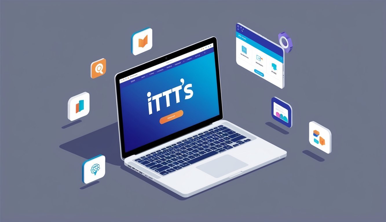 A laptop with ITTT's website open, surrounded by icons of online teaching platforms