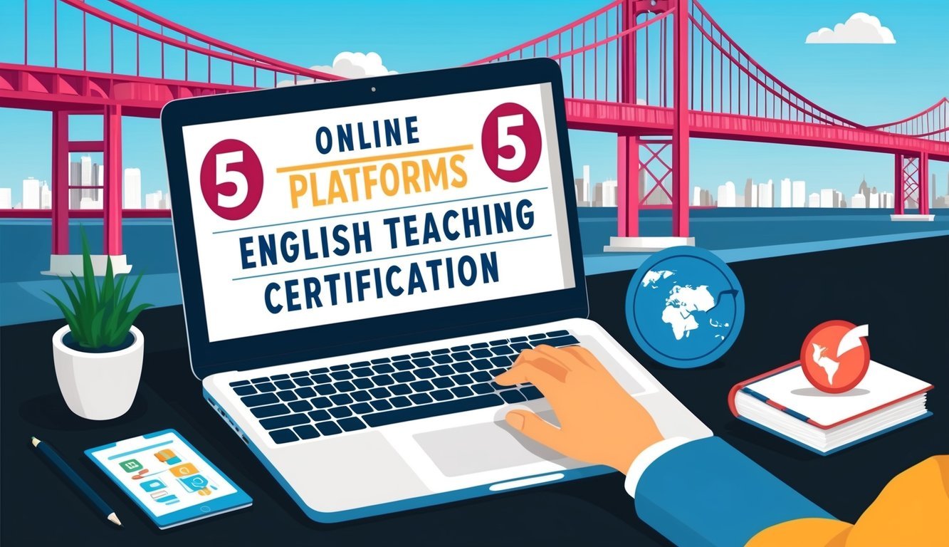 A laptop displaying 5 online platforms for English teaching certification, with a bridge in the background