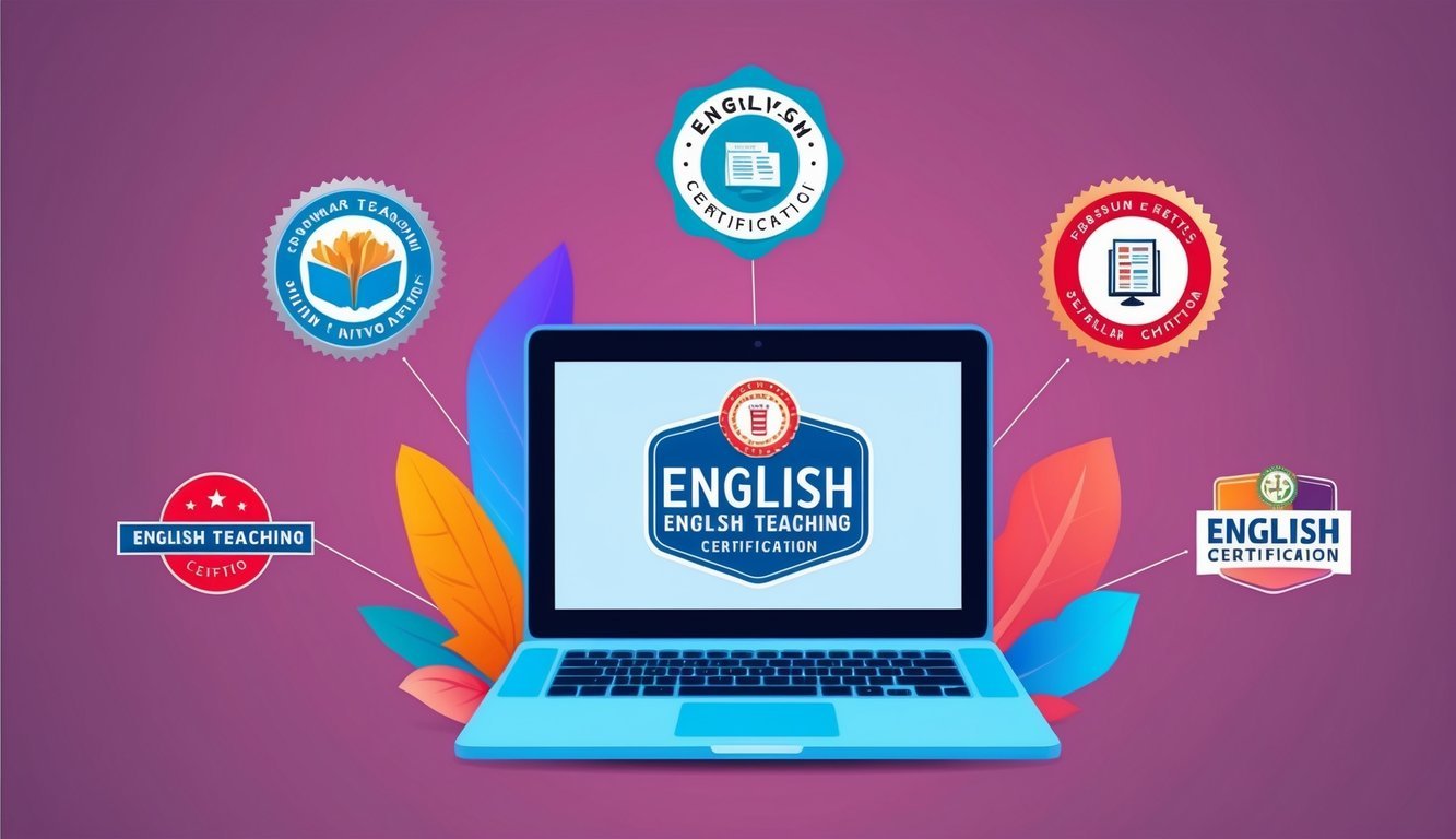 A laptop surrounded by five premium online platform logos for English teaching certification