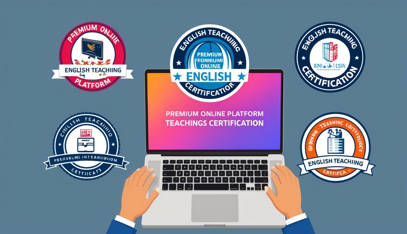 A laptop surrounded by five different logos of premium online platforms for English teaching certification