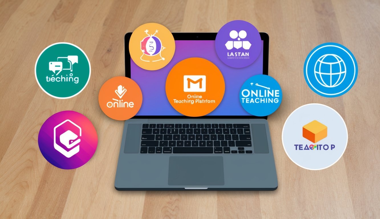 A laptop surrounded by five different logos of online teaching platforms