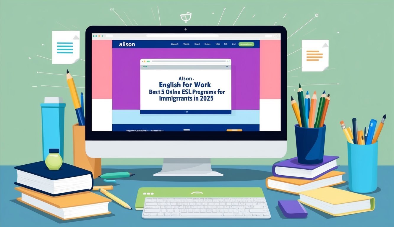 A computer screen with a webpage titled "Alison: English for Work Best 5 Online ESL Programs for Immigrants in 2025" displayed, surrounded by various office supplies