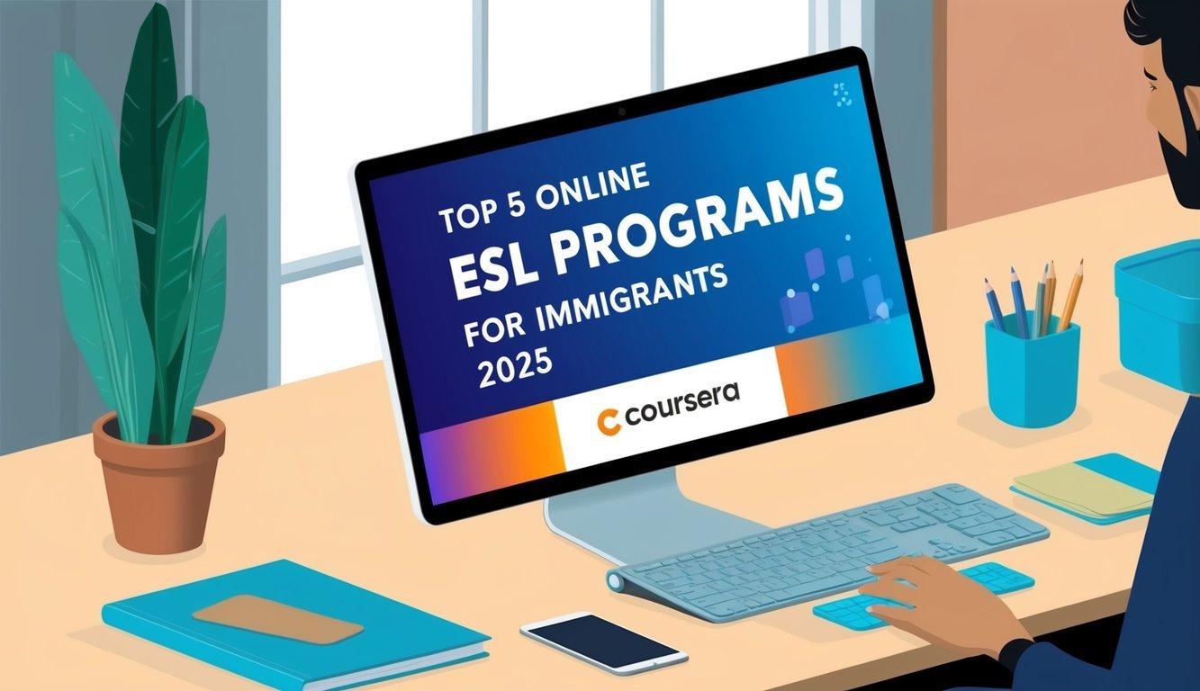 A computer screen displaying the top 5 online ESL programs for immigrants in 2025, with the Coursera logo visible