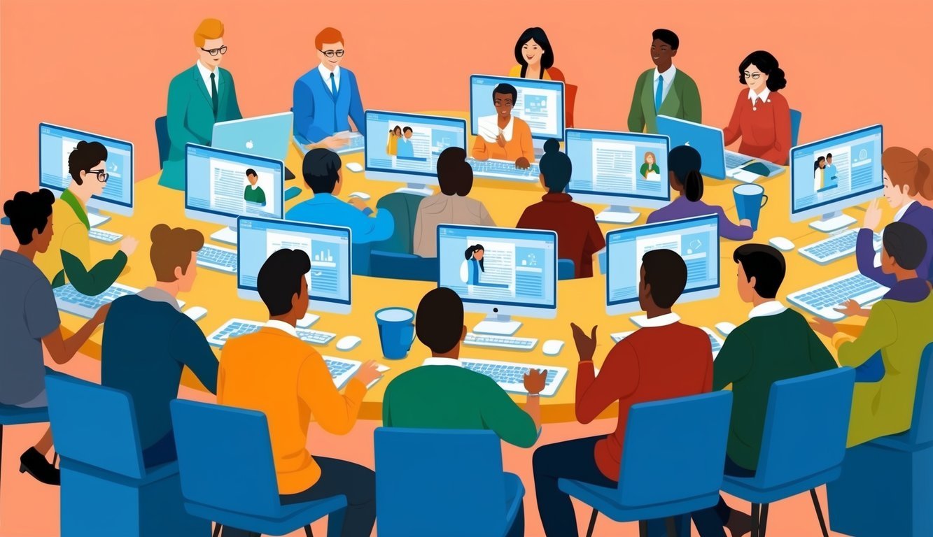 A diverse group of people from different cultural backgrounds are gathered around computer screens, engaged in virtual ESL lessons