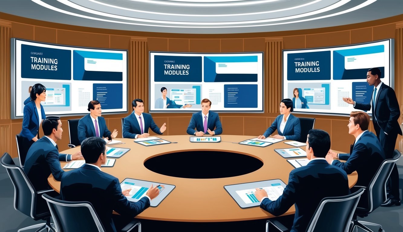 A corporate boardroom with six sleek, modern training modules displayed on a large screen, surrounded by professionals engaged in discussion