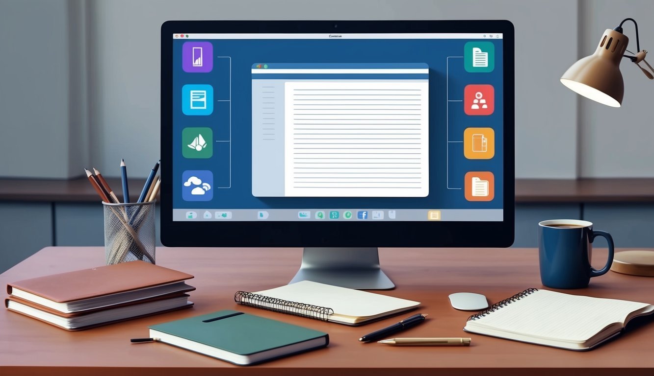 A desk with a computer, notebook, pen, and coffee mug.</p><p>Various writing software icons on the computer screen