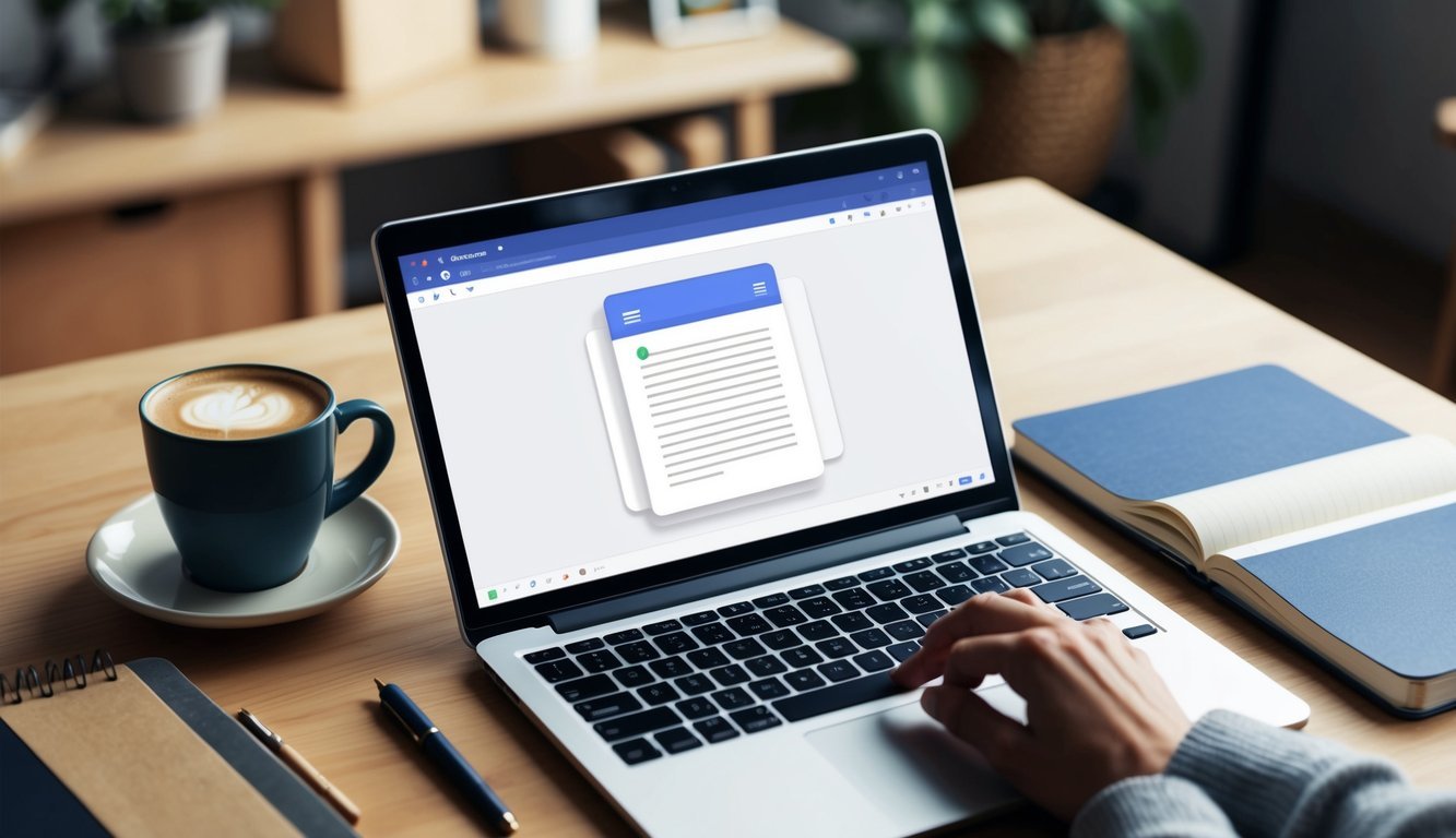 A laptop open to Google Docs, surrounded by a cup of coffee, pen, and notebook on a desk in a cozy home office