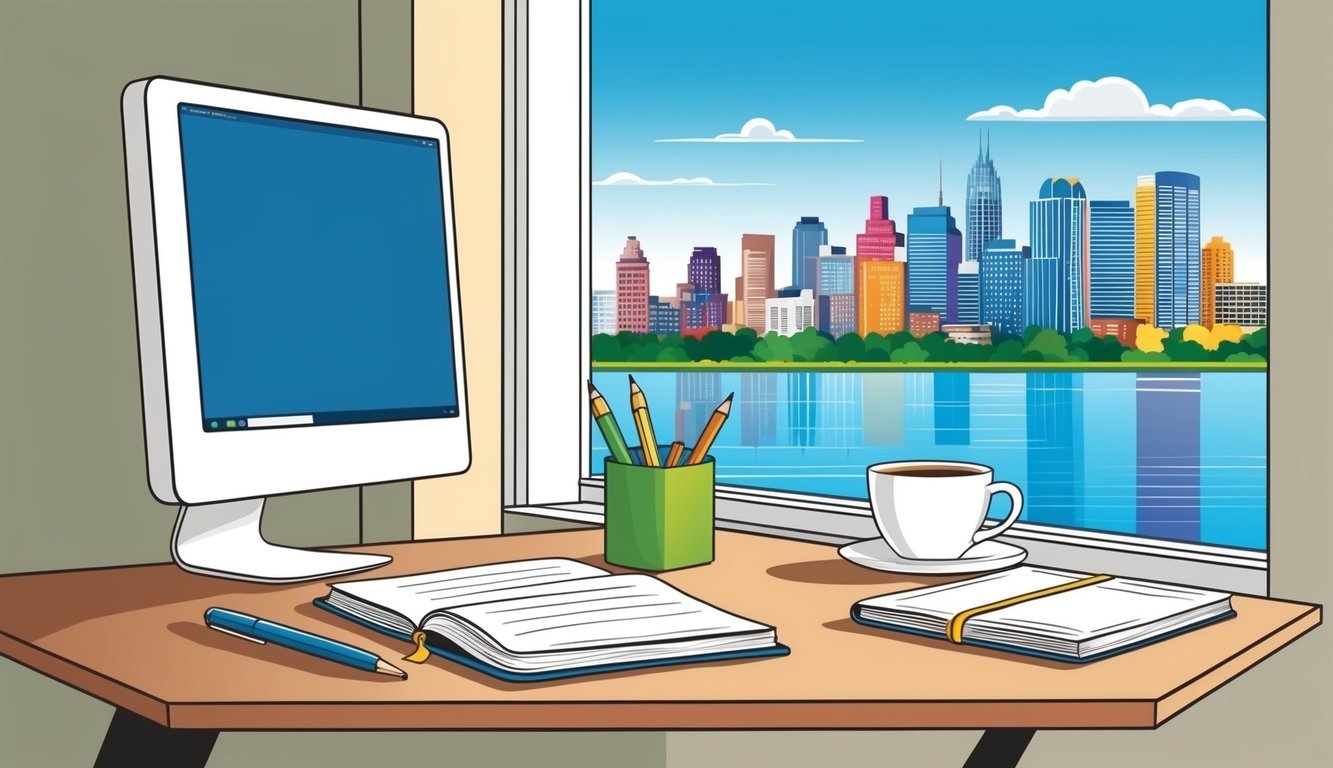 A desk with a computer, notebook, and pen.</p><p>A cup of coffee sits nearby.</p><p>A window shows a city skyline