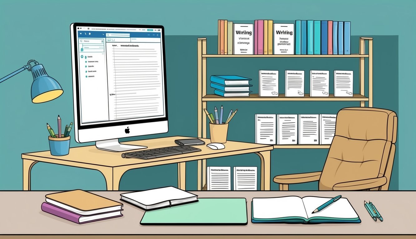 A desk with a computer, notebook, and pen.</p><p>A bookshelf with various writing software manuals.</p><p>A cozy chair for long hours of writing