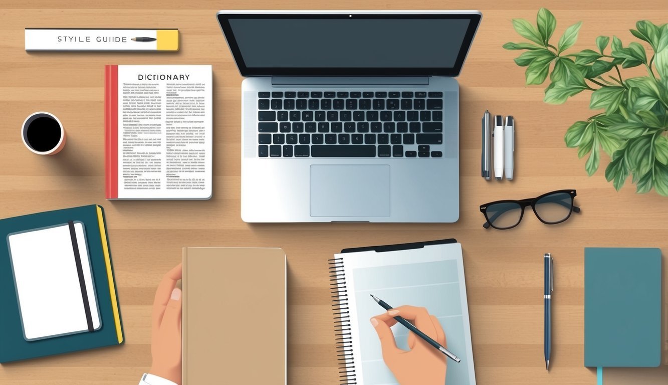 A desk with a laptop, pen, notebook, dictionary, and style guide