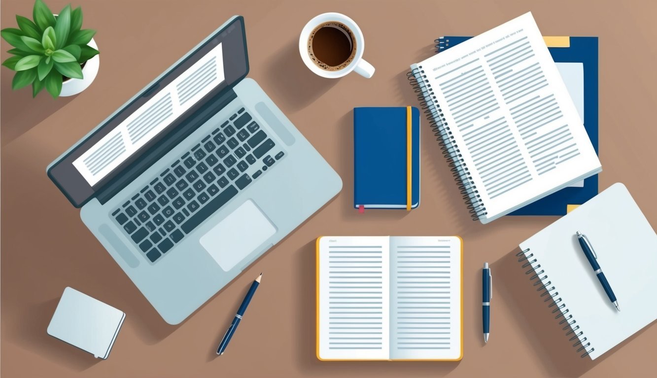 A desk with a laptop, pen, notebook, and dictionary.</p><p>A cup of coffee and a potted plant add a touch of warmth to the professional setting