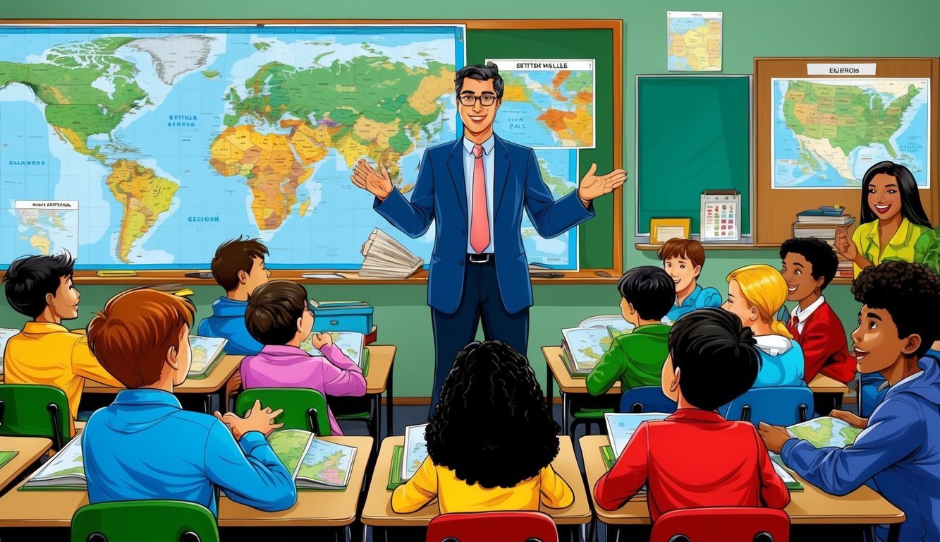 A classroom setting with a teacher at the front, surrounded by eager students, maps, and teaching materials