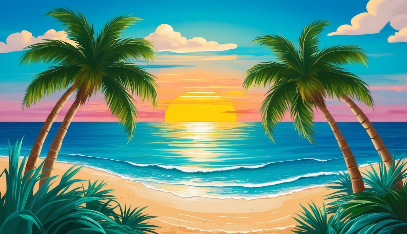 A serene beach with palm trees, clear blue water, and a colorful sunset