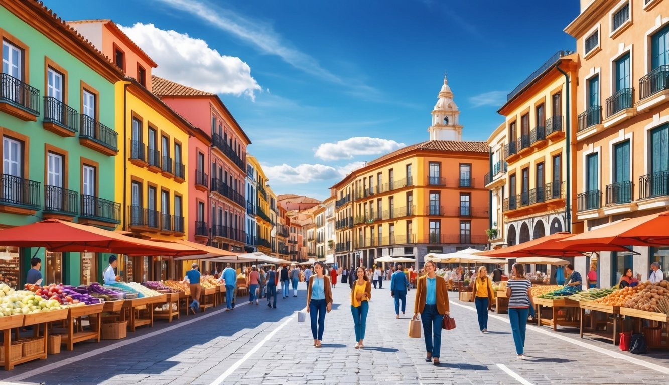 A bustling Spanish street with colorful buildings, a vibrant market, and a sunny sky overhead