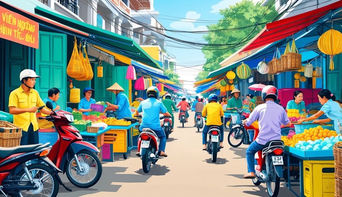 A bustling Vietnamese street market with colorful stalls and vendors selling various goods.</p><p>Motorbikes and bicycles navigate through the crowded scene