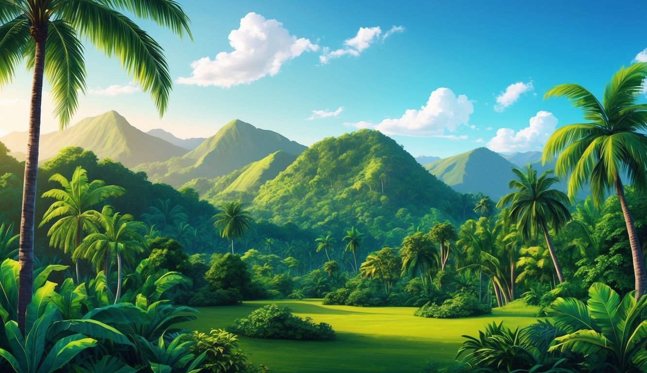 A lush tropical landscape with mountains in the background, a vibrant green forest, and a clear blue sky