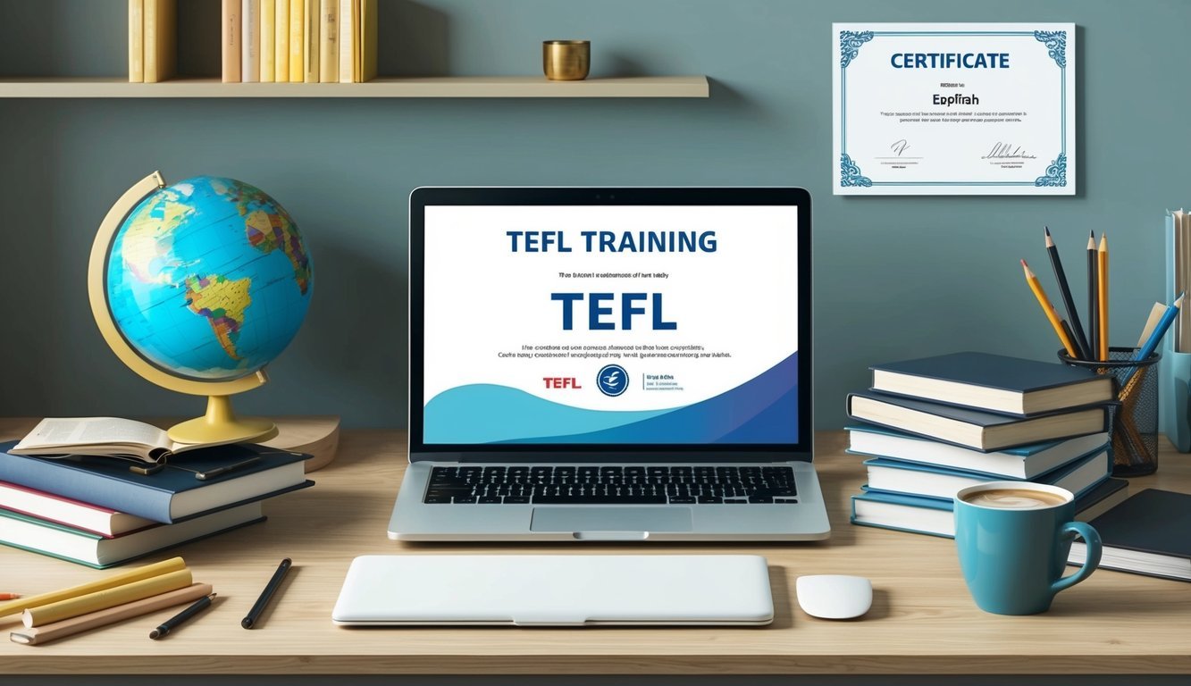 A laptop surrounded by books, a globe, and a cup of coffee on a desk.</p><p>A certificate and TEFL training materials on the wall