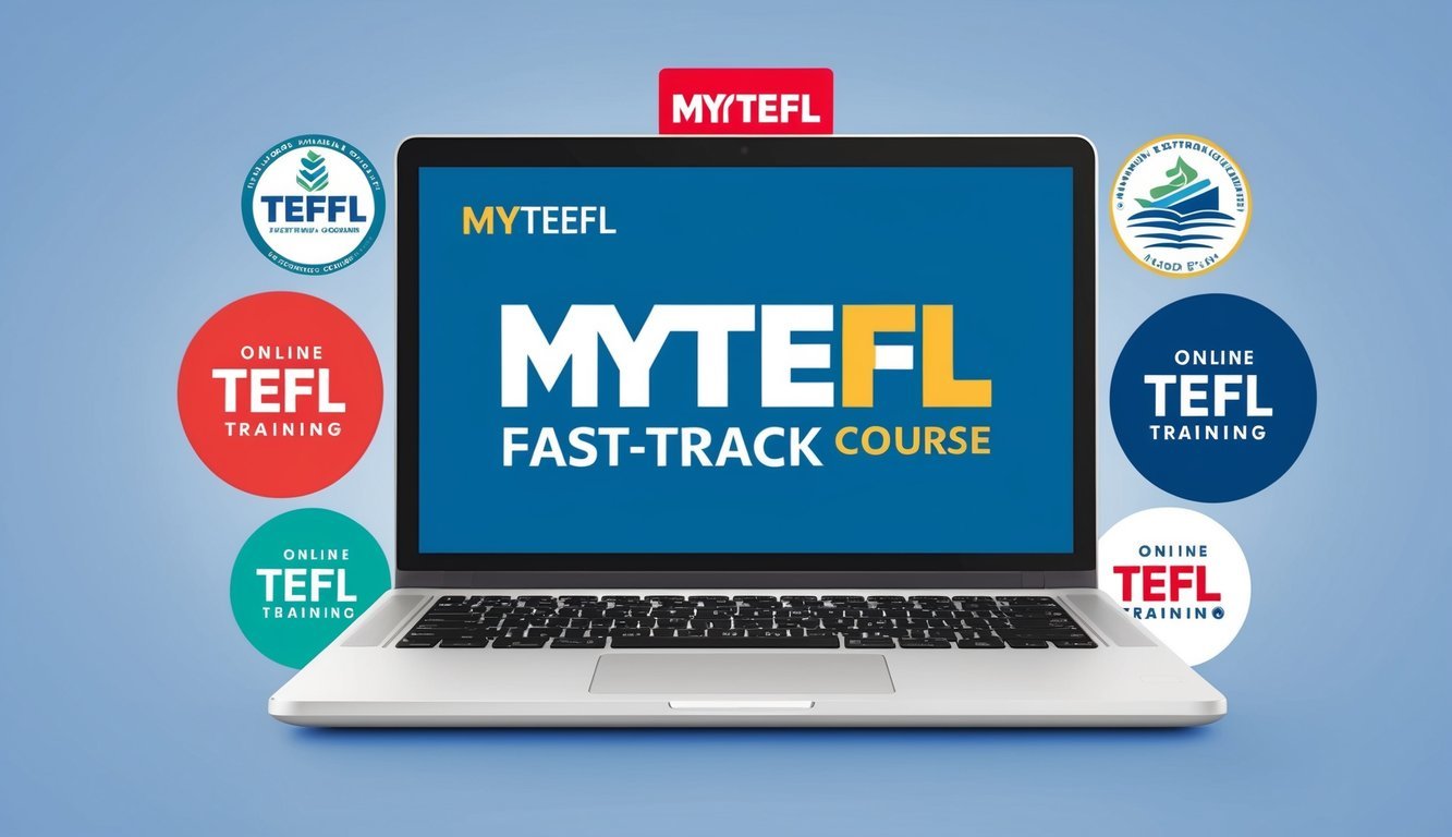 A laptop displaying MyTEFL Fast-Track Course surrounded by 6 other online TEFL training program logos