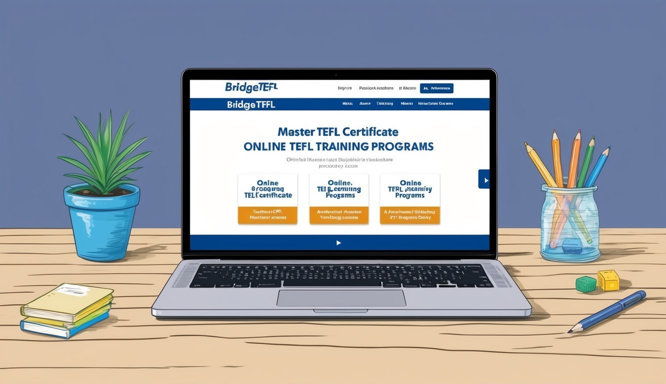 A laptop displaying the BridgeTEFL Master Certificate website with 7 online TEFL training programs listed