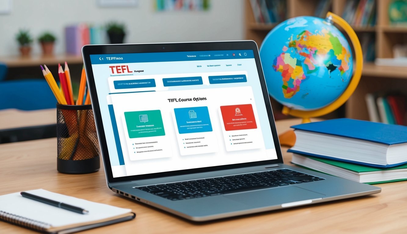 A laptop displaying TEFL course options with a globe and educational materials in the background