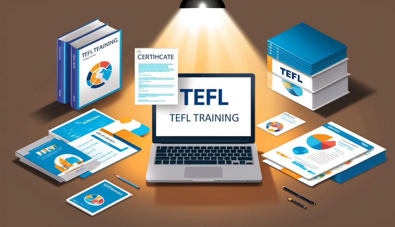 A laptop surrounded by TEFL training materials and a certificate, with a bright spotlight shining on the center