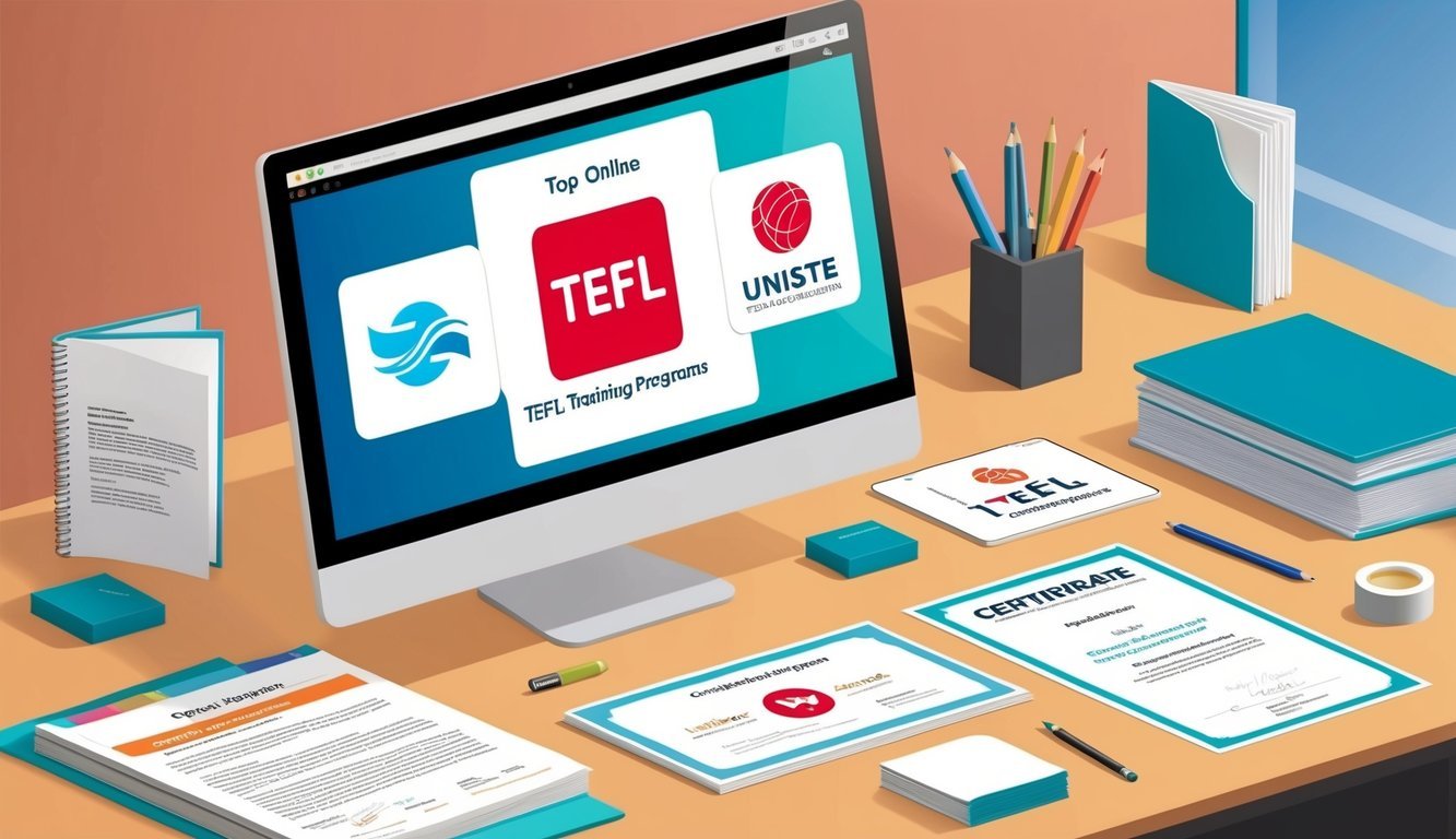 A computer screen displaying logos of top online TEFL training programs, surrounded by study materials and a certificate of completion