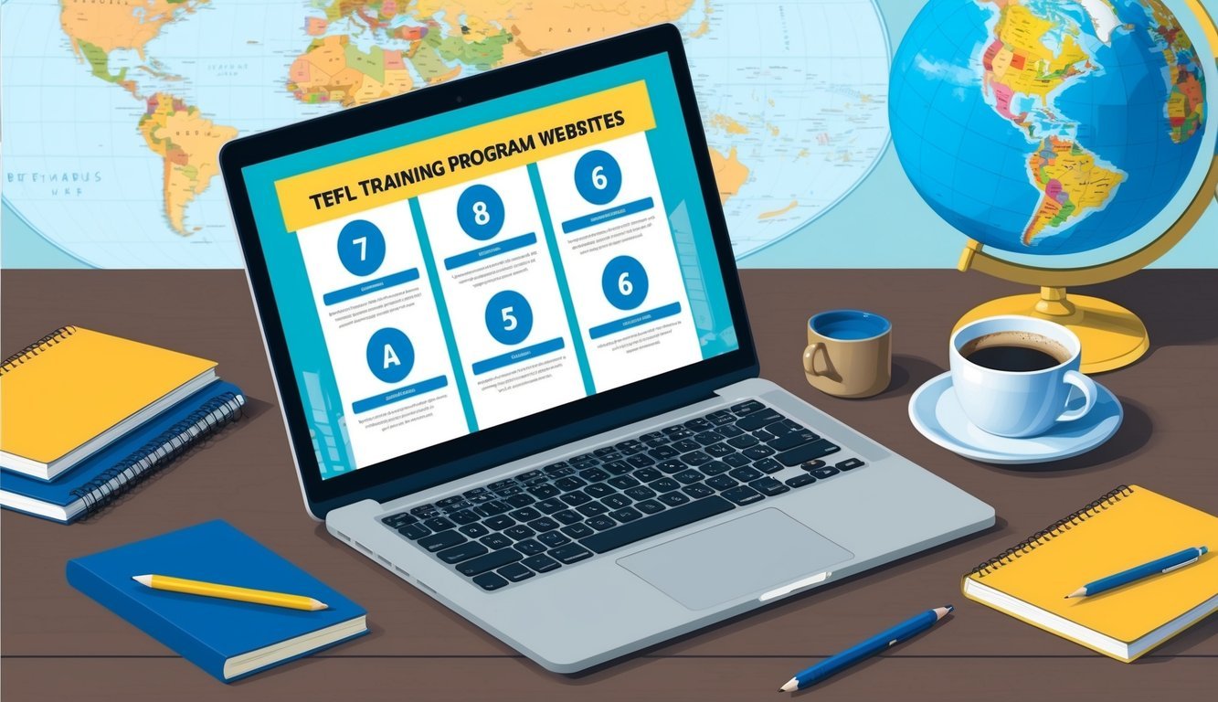 A laptop displaying 7 TEFL training program websites, surrounded by notebooks and a cup of coffee, with a globe and a map in the background