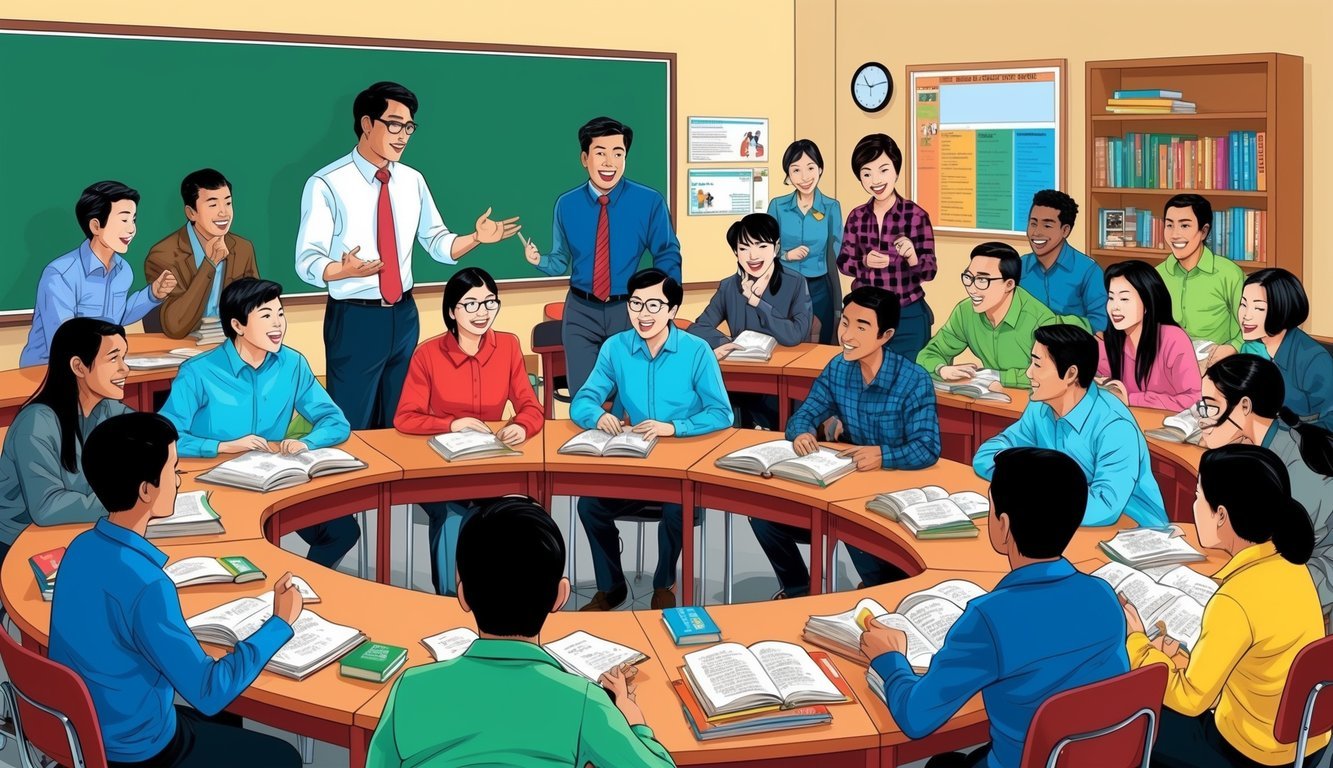 A diverse group of immigrants gather in a classroom, engaged in interactive ESL lessons.</p><p>A teacher leads the discussion, while students eagerly participate.</p><p>Books and educational materials are scattered around the room