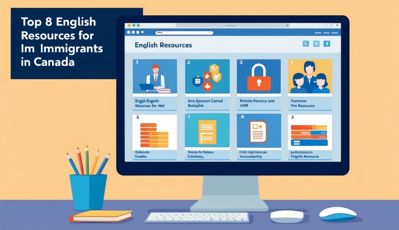 A computer screen displaying the top 8 English resources for immigrants in Canada, with icons representing each resource