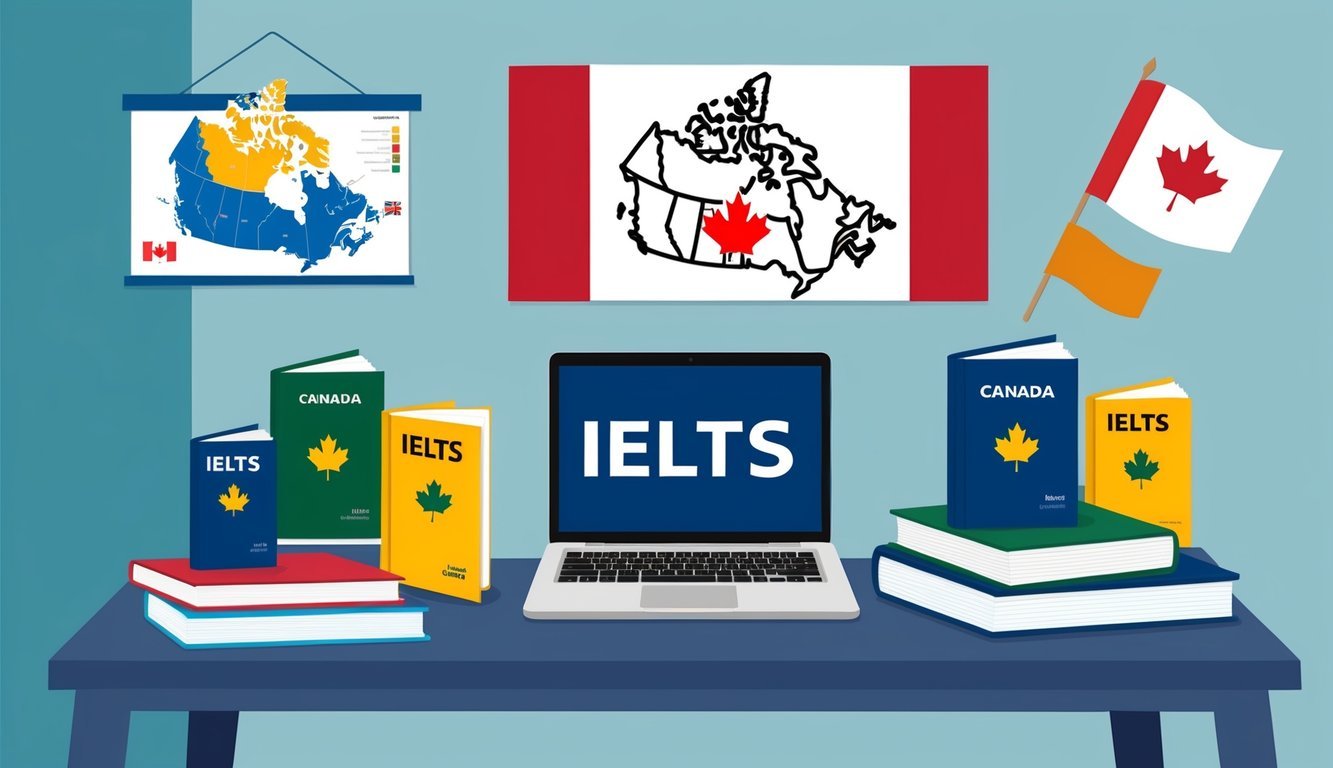 A study desk with IELTS preparation books, a laptop, and English language resources.</p><p>A map of Canada and a Canadian flag are displayed on the wall