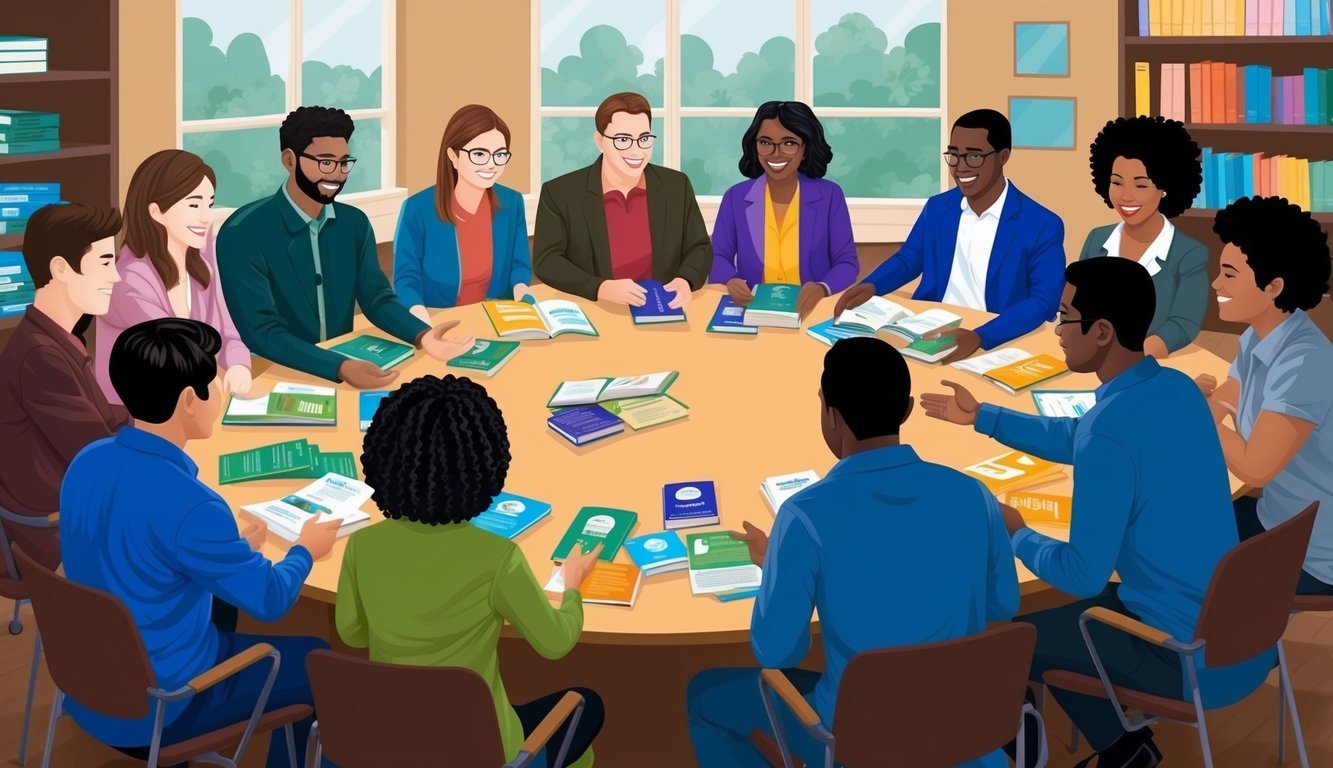 A group of diverse individuals gather around a table, sharing and exchanging various books, pamphlets, and resources.</p><p>The room is filled with a sense of community and support